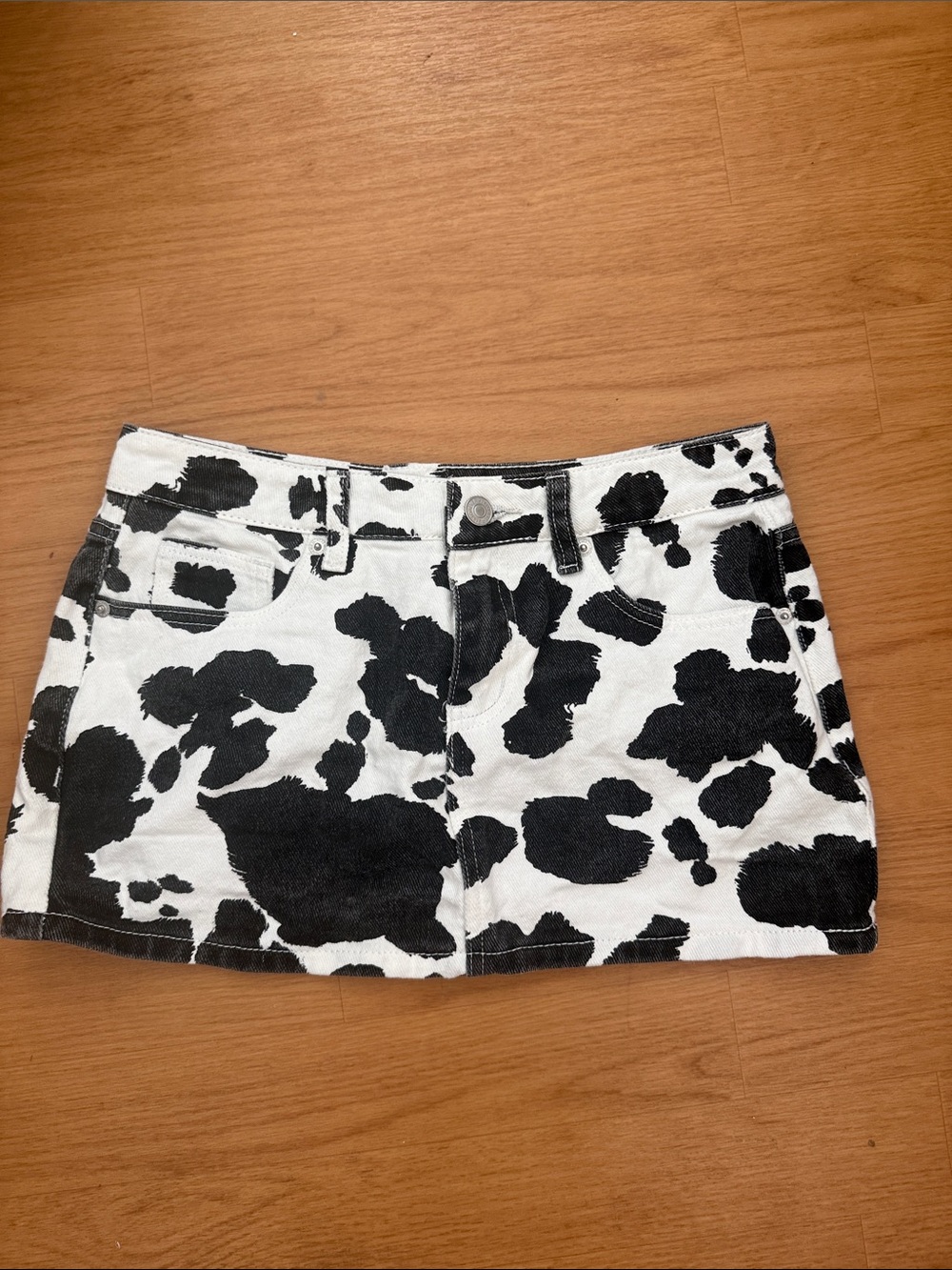 Cow Print Black & White Denim Low rise Mini Skirt - Women Forever 21